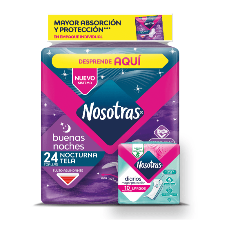 Toallas Higienicas Nosotras Buenas Noches Tela 24 Und + Protectores Largos 12 Und