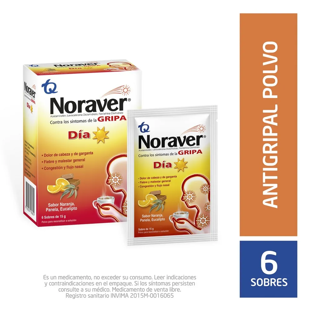 Noraver Gripa Dia Ibuprofeno + Fenilefrina + Cetirizina 200/10/3,33 Mg Polvo Para Solución Oral Sabor A Naranja + Panela + Eucalipto