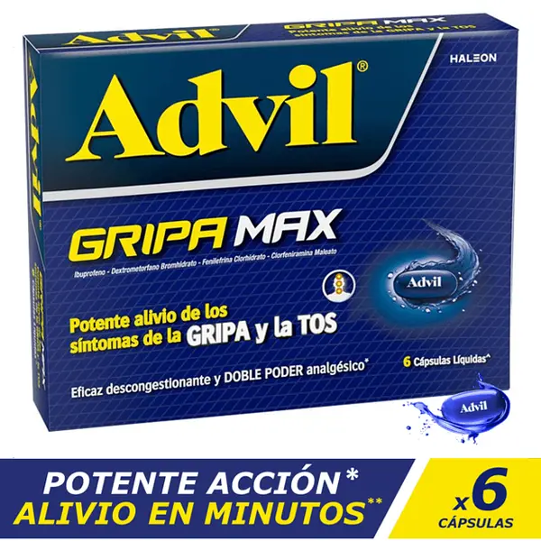Advil Gripa Max Ibuprofeno + Dextrometorfano Bromhidrato + Fenilefrina Clorhidrato + Clorfeniramina Maleato 400/30/10/4 Mg Capsulas Liquidas