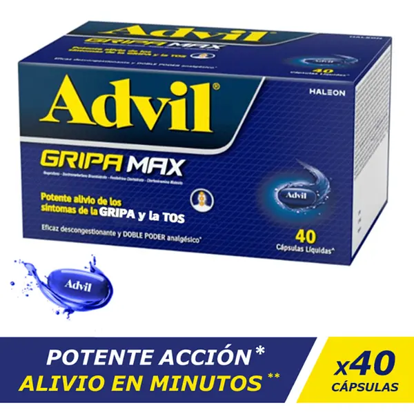 Advil Gripa Max Ibuprofeno + Dextrometorfano Bromhidrato + Fenilefrina Clorhidrato + Clorfeniramina Maleato 400/30/10/4 Mg Capsulas Liquidas